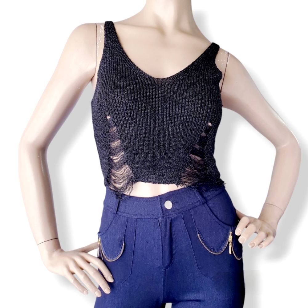 French Kiss Black Metallic Knit Distressed Tank Top